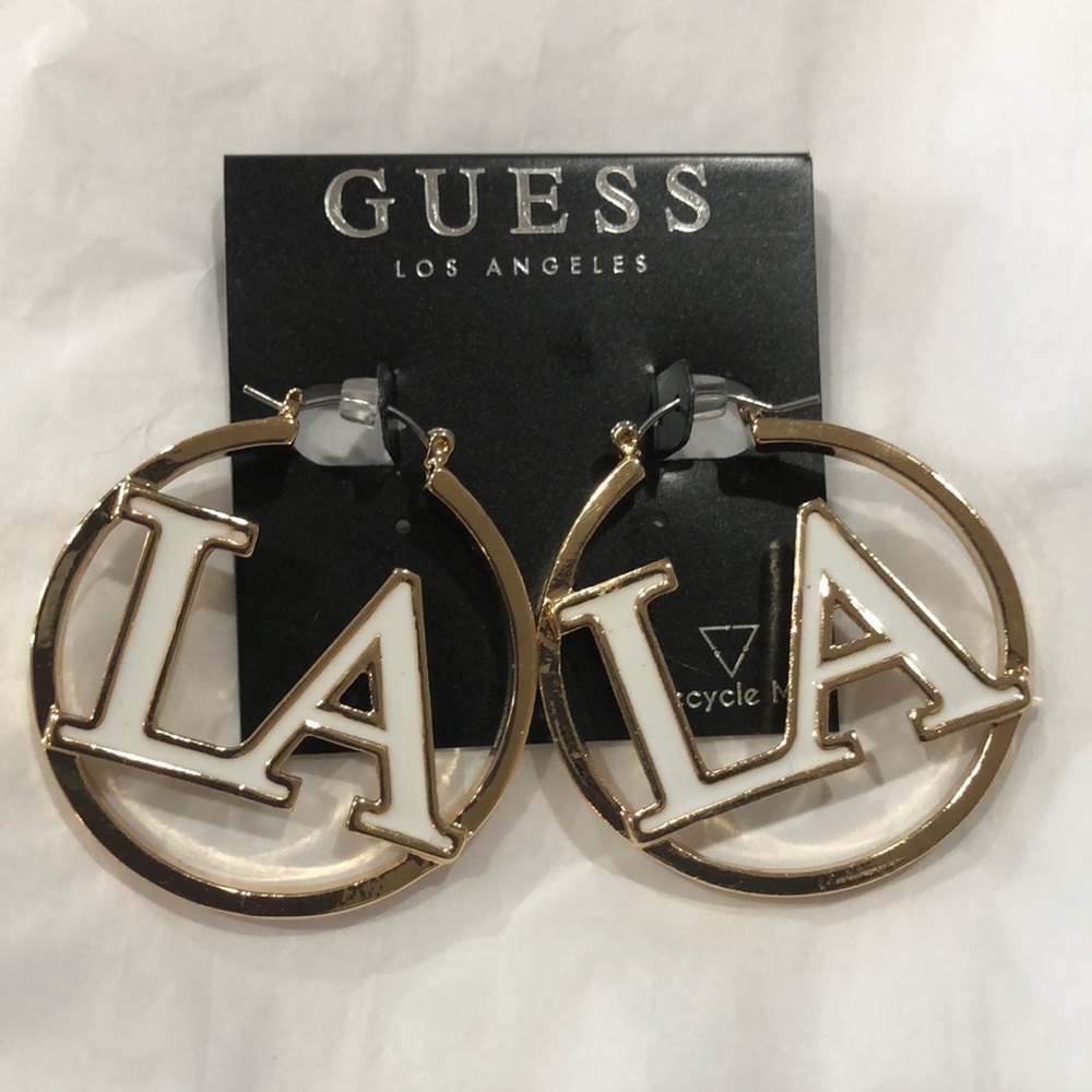 Guess gold plated white enamel LA and Guess monogram hoop earrings new